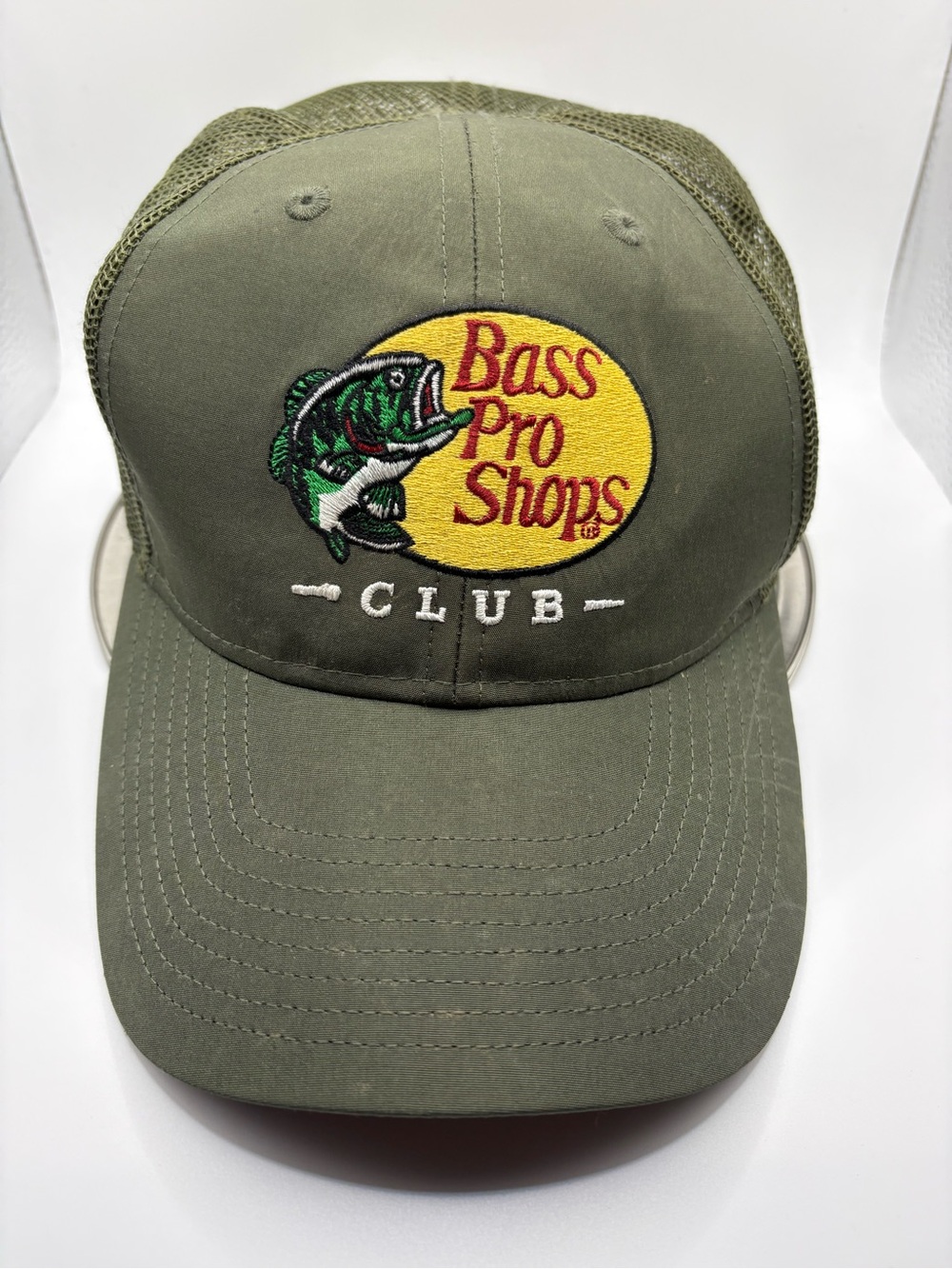 Vintage Bass Pro Shops Club Olive Green Trucker Snapback Hat